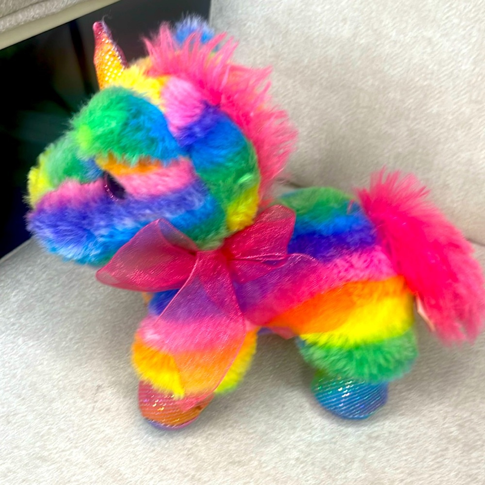 Valentine’s Day Unicorn Plush Toy, Rainbow Striped.